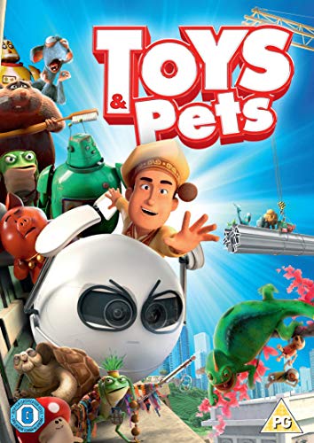 The image shows a DVD cover for "Toys & Pets" featuring cartoon characters. Alt text: Cartoon man surrounded by toys and pets on a blue background DVD cover.