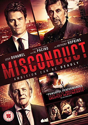 DVD cover for "Misconduct" featuring Josh Duhamel, Al Pacino, and Anthony Hopkins.