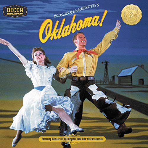 Oklahoma!" CD cover featuring a couple dancing in a prairie landscape.