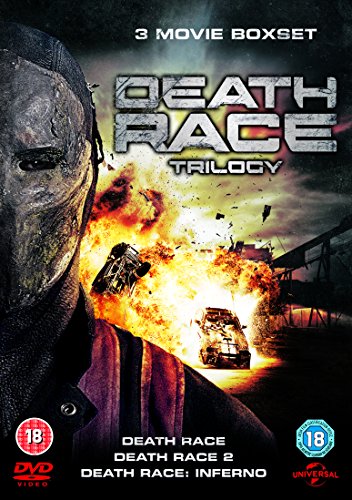 "Death Race Trilogy DVD cover featuring a masked driver and exploding cars."