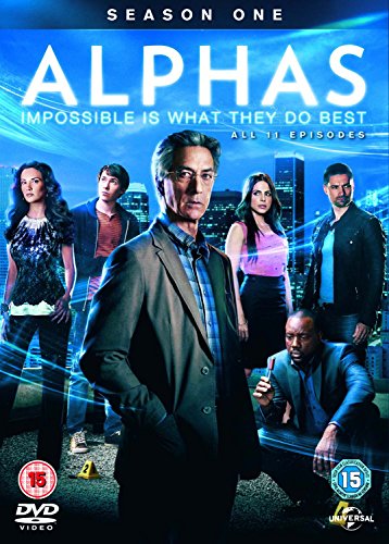 DVD cover for "Alphas S1" featuring a man in a suit with five others behind him.