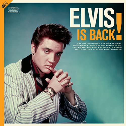 Elvis Presley album cover, "Elvis Is Back!", with a portrait of Elvis.
