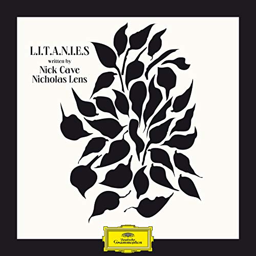 "Album cover with black leaves on white background and yellow logo at the bottom."
