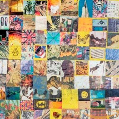 Collage of varied images and textures on a square CD cover.