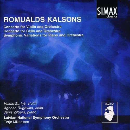 CD cover for Romualds Kalsons’ concertos with blue and white design.
