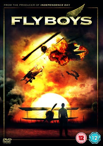 DVD cover for "Flyboys" with planes in a fiery sky and a man standing.