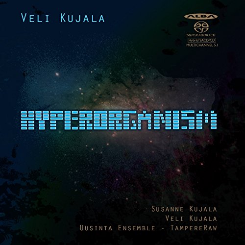 "Album cover with 'Hyperorganism' in blue, against a dark, starry background."