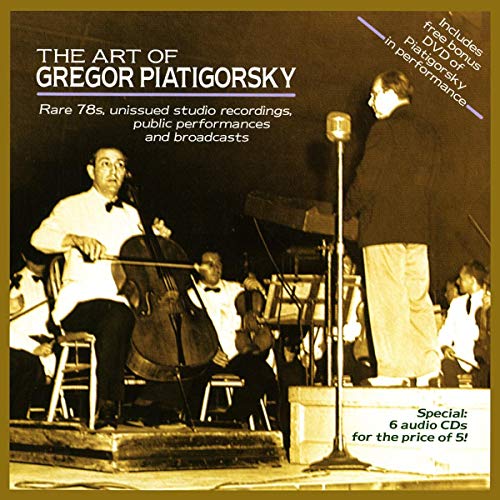 Black and white photo of cellist Gregor Piatigorsky with orchestra.