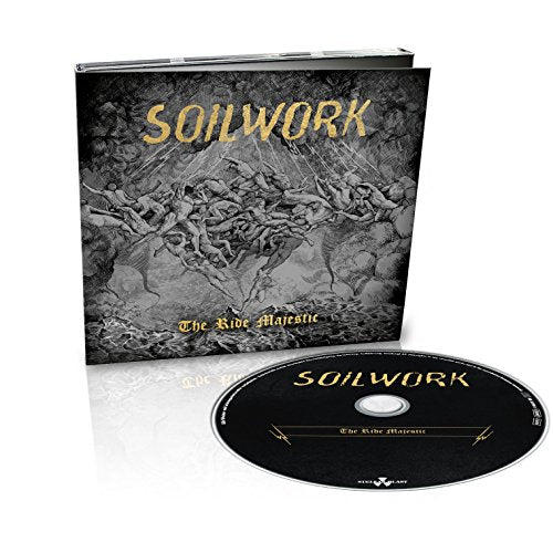 "Album cover art: 'Soilwork - The Ride Majestic' with nude figures and gold text."