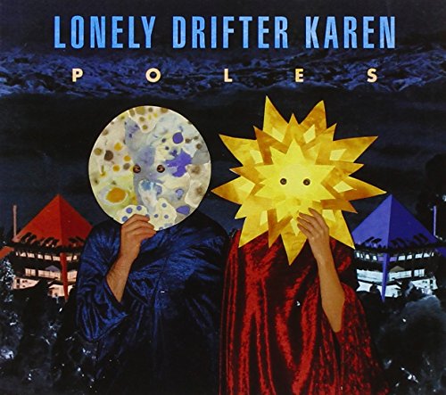 "Album cover art: Two figures with moon and sun masks, festival tents in the background."
