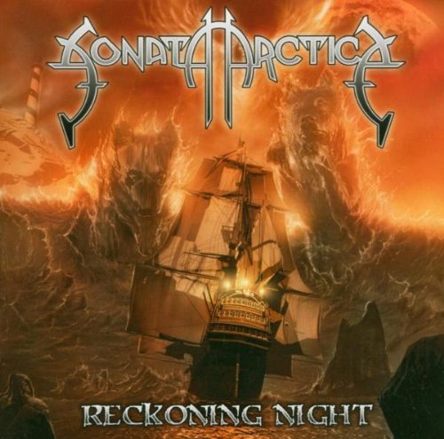 "Album cover with a ship sailing through a stormy sea with flames and lightning."