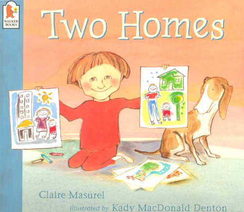 "Children's book cover showing a child holding drawings of two different houses with a dog."