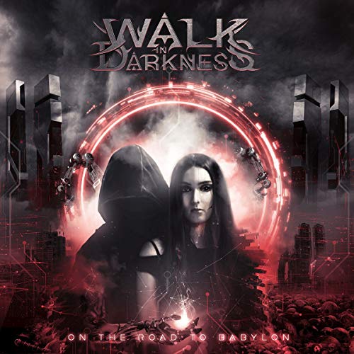 CD cover: hooded figure, red circle, futuristic city, dark fantasy art.