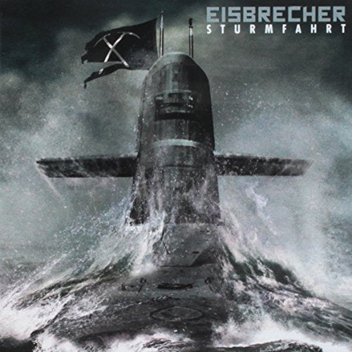 Submarine emerging from stormy, turbulent water with a black flag.