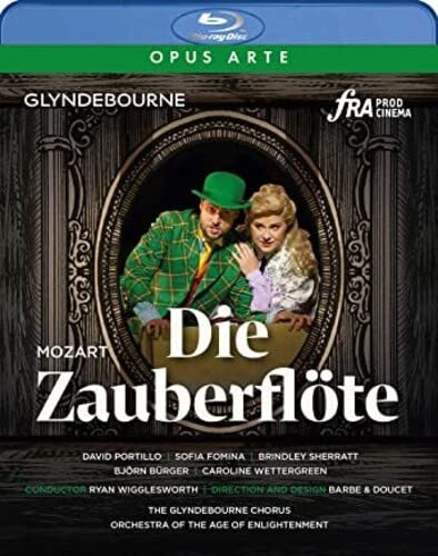Blu-ray cover for Mozart’s *Die Zauberflöte* opera, featuring performers in costume.