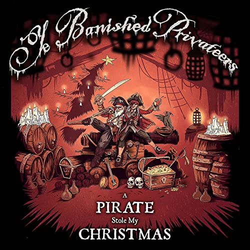 CD cover: Pirates with a Christmas tree, treasure, and candles.