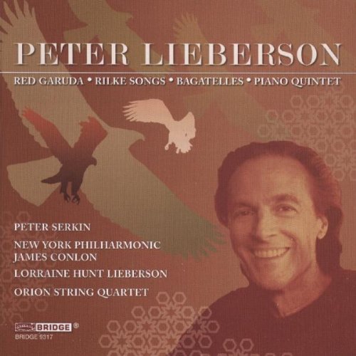 "Album cover with Peter Liebererson's portrait, birds, and text on an orange background."