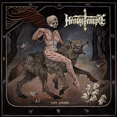 Album cover: skeletal figure riding a wolf in a dark forest.