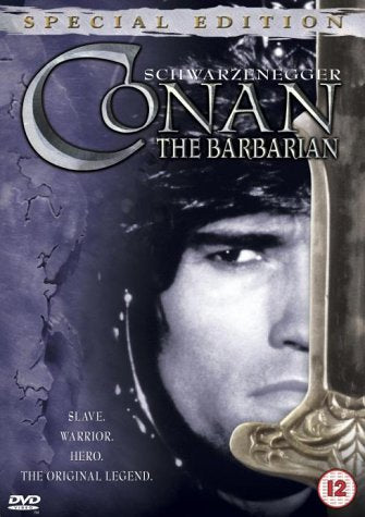 "Conan The Barbarian DVD cover featuring Arnold Schwarzenegger with a sword, dark purple background."