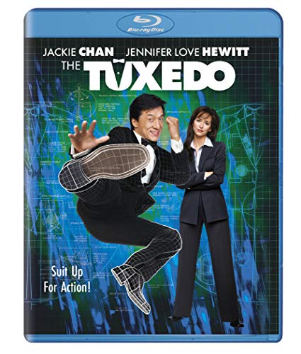Blu-ray cover for "The Tuxedo" featuring Jackie Chan and Jennifer Love Hewitt.
