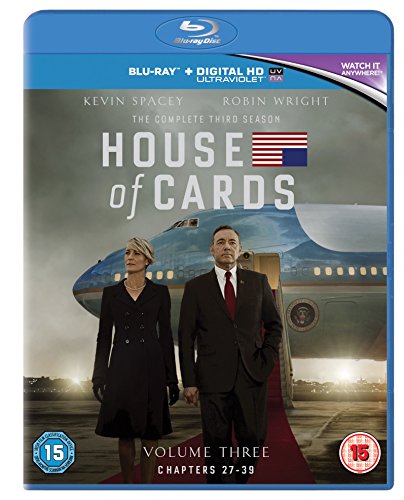 "Blu-ray case for 'House of Cards' Season 3, featuring Kevin Spacey and Robin Wright."