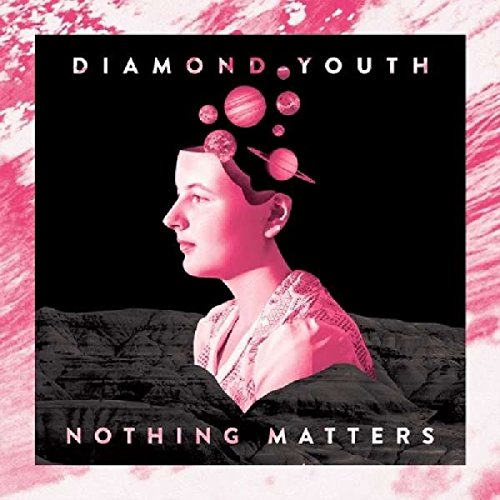 Album cover with pink-toned woman's head and planets, on black and rocky background.