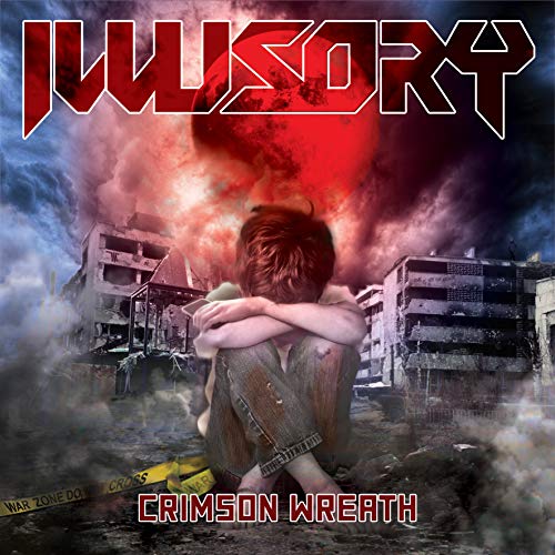 CD cover: distressed child in front of a fiery, ruined cityscape.
