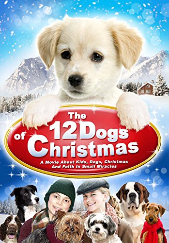 "Movie cover featuring a puppy and multiple dogs with two children in a snowy scene."