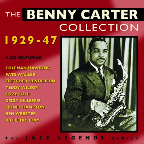 Red album cover with black and white Benny Carter image holding saxophone.