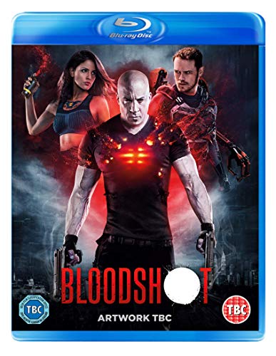 "Blu-ray case with 'Bloodshot' cover art featuring three characters and red, smoky background."
