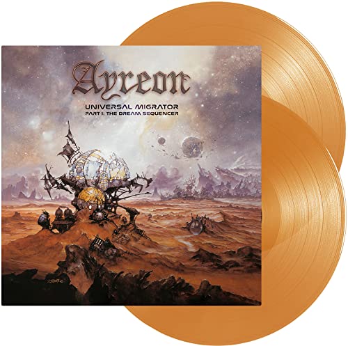 Ayreon Universal Migrator Part I album cover with two orange vinyl records behind it.