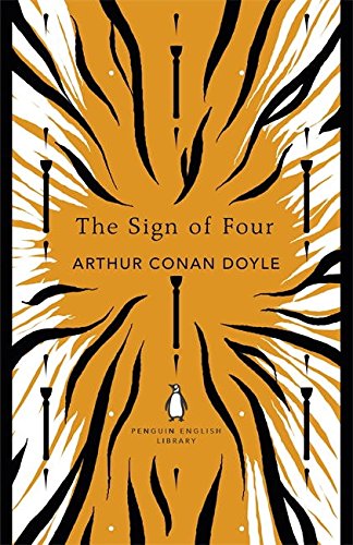 Book cover of "The Sign of Four" by Arthur Conan Doyle, orange with black stripes.