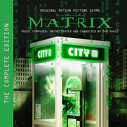 The Matrix" soundtrack vinyl cover, green digital rain and city imagery.