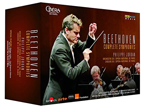Conductor leads orchestra on DVD cover with Beethoven's Complete Symphonies title.