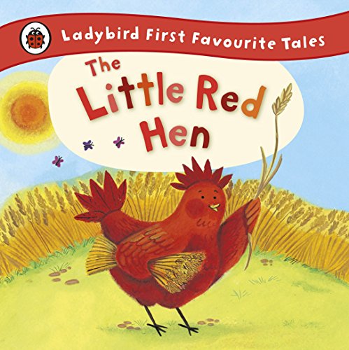 "Children's book cover featuring a red hen holding wheat in a field."