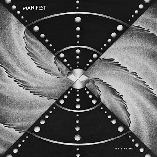 Black and white album cover with wings and geometric patterns.
