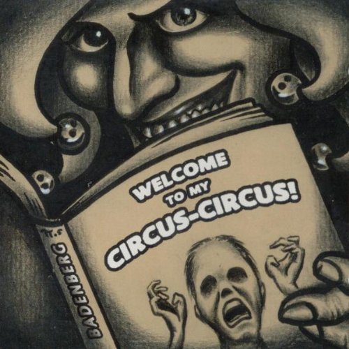Black and white illustration of a circus ringmaster and distressed face.
