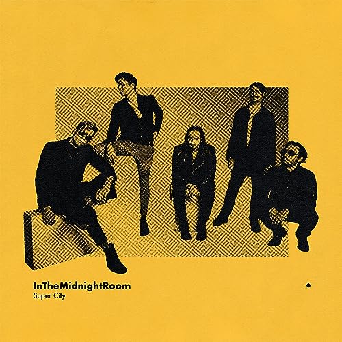 Yellow CD cover with halftone image of four people in dark clothing.