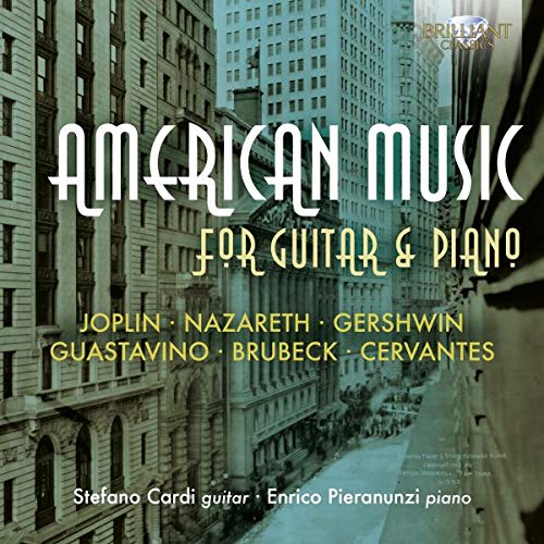 "CD cover with cityscape background, white and yellow text, featuring 'American Music for Guitar & Piano'."