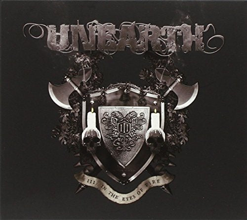 "Album cover art featuring a shield with skulls, axes, and foliage on a black background."