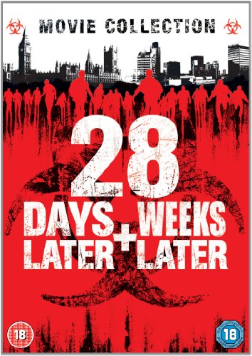 Red DVD cover with white text "28 DAYS + WEEKS LATER + LATER" and cityscape silhouettes.
