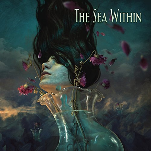"Album cover art featuring a woman with flowers, surrounded by cloudy, dark blue background."