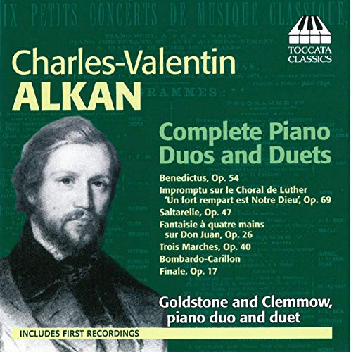 CD cover for Alkan piano duos featuring a portrait and sheet music.