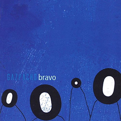 "Blue vinyl record cover with abstract black and white figures and 'Gazpacho Bravo' text."