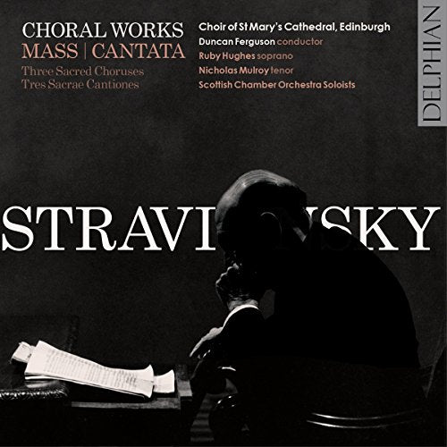 "CD cover with a silhouette of a man reading sheet music, 'Stravinsky' text overlay."