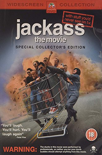 "Jackass the Movie DVD cover showing people in a shopping cart crash with explosion."