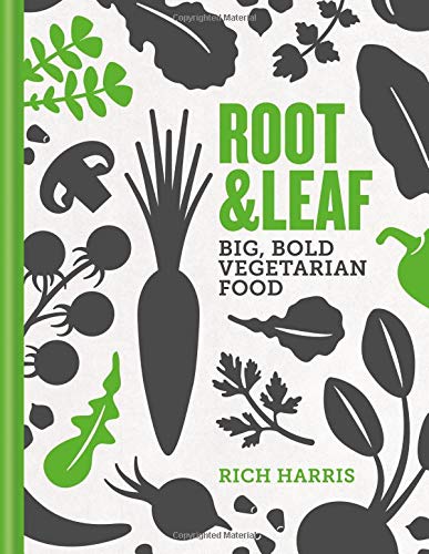 "Vegetarian cookbook cover with 'Root & Leaf' title, surrounded by vegetable silhouettes in black and green."