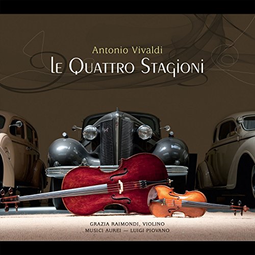 CD cover for Vivaldi’s “The Four Seasons” with violin and vintage cars.