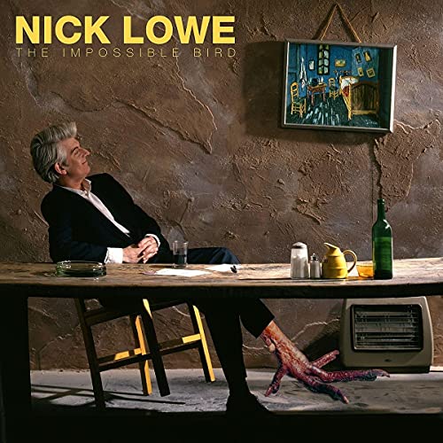 Album cover for Nick Lowe’s “The Impossible Bird” featuring a man with bird legs.