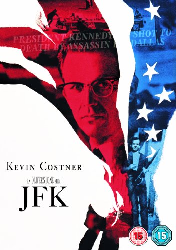 DVD cover for "JFK" with Kevin Costner and American flag imagery, red and blue tones.